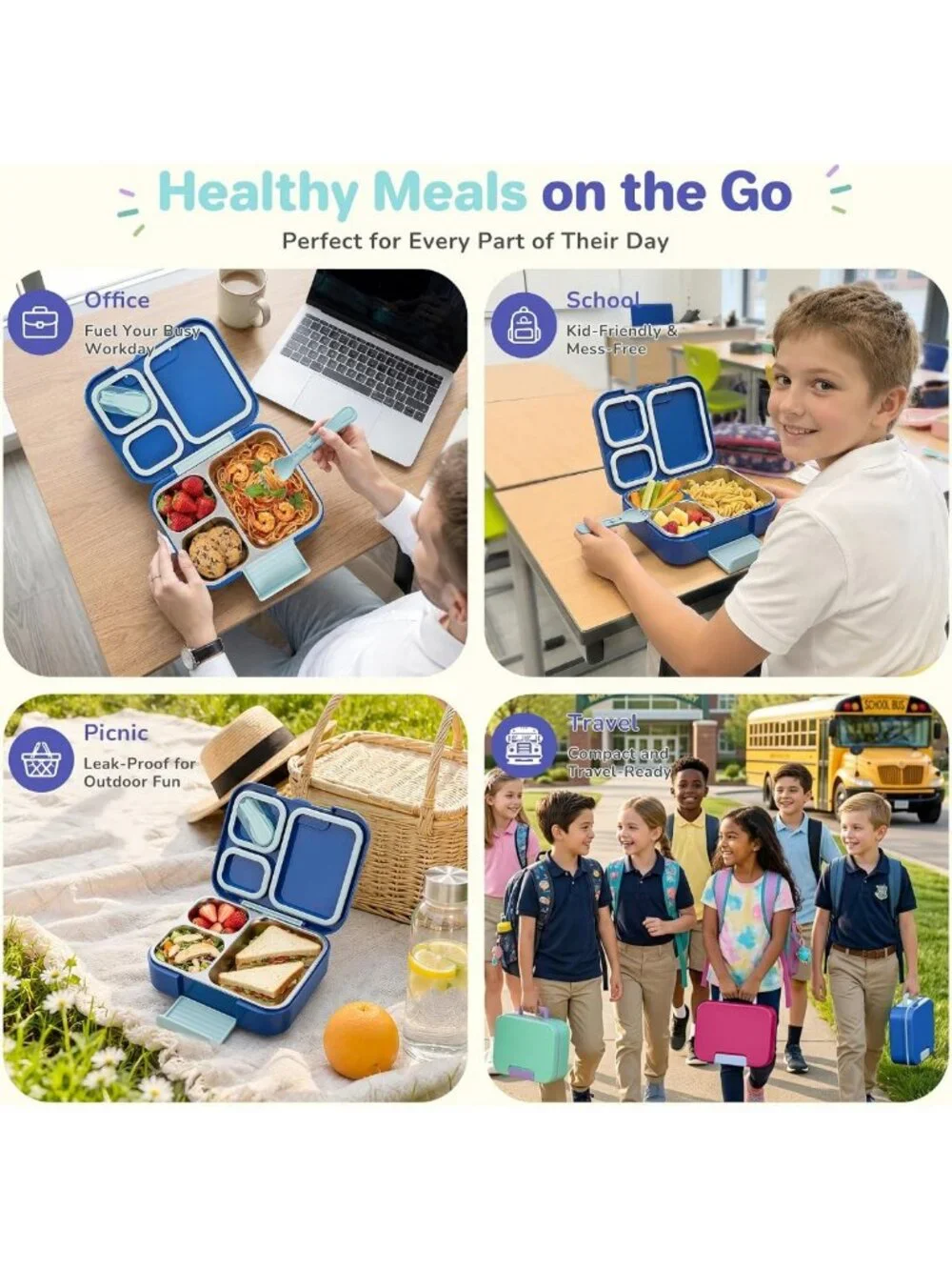 Durable Kids Bento Lunch Box - 3 Compartment Stainless Steel Food Container